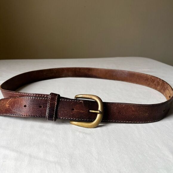 Vintage Distressed Brown Leather Belt Heavy Solid Brass Buckle Western Indie 38